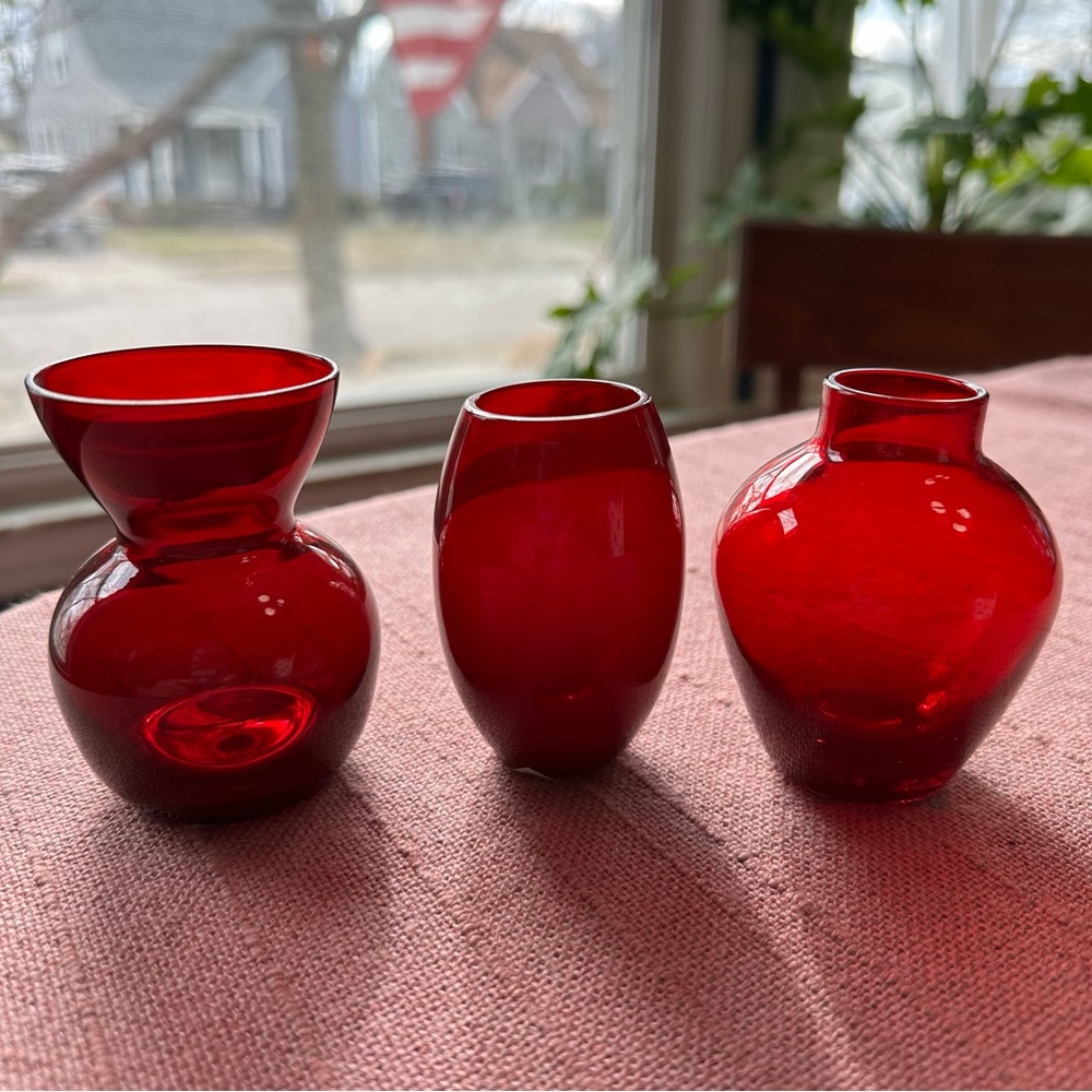 Set of 3 Handblown Miniature Ruby Red Glass Vases • 3 1/4” Tall • Two’s Conpany
